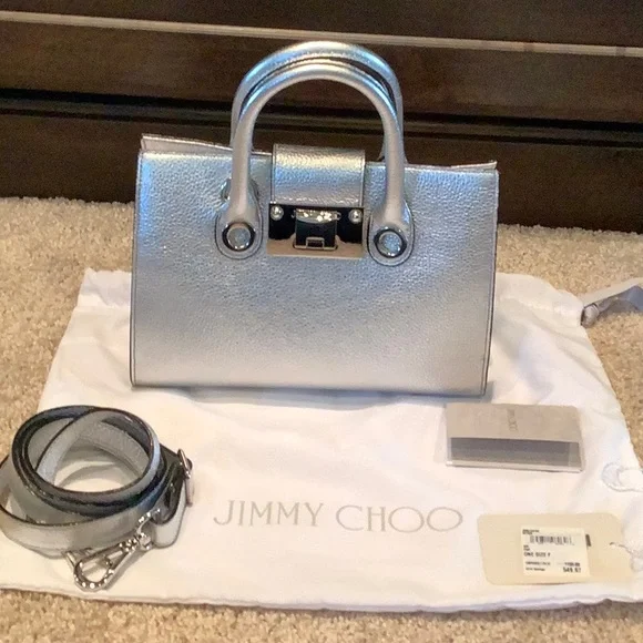 Jimmy Choo Silver Satchel with Structured Design and Top Handles - Picture 1 of 13
